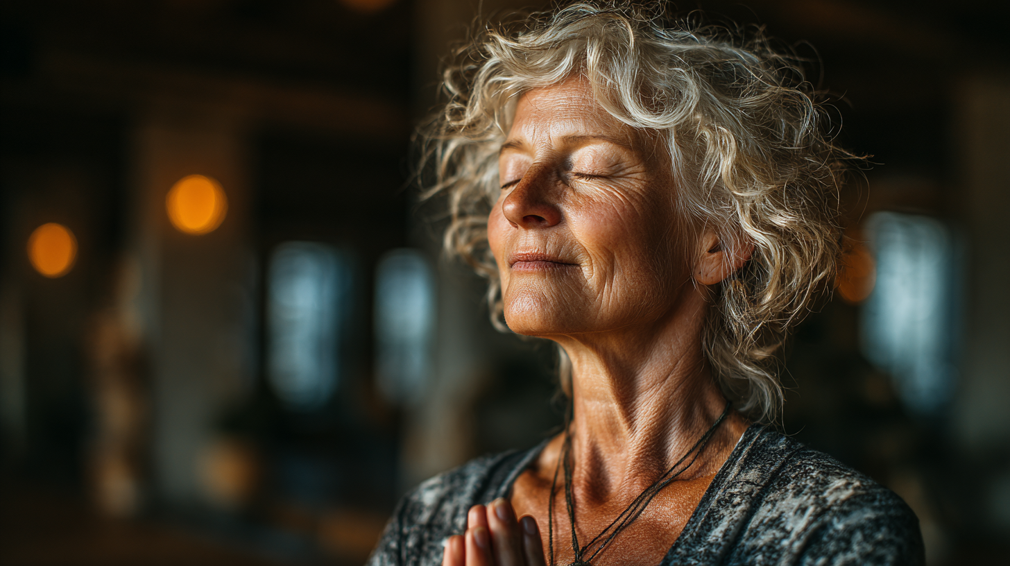 Жінка середнього віку медитує у спокійному інтер'єрі